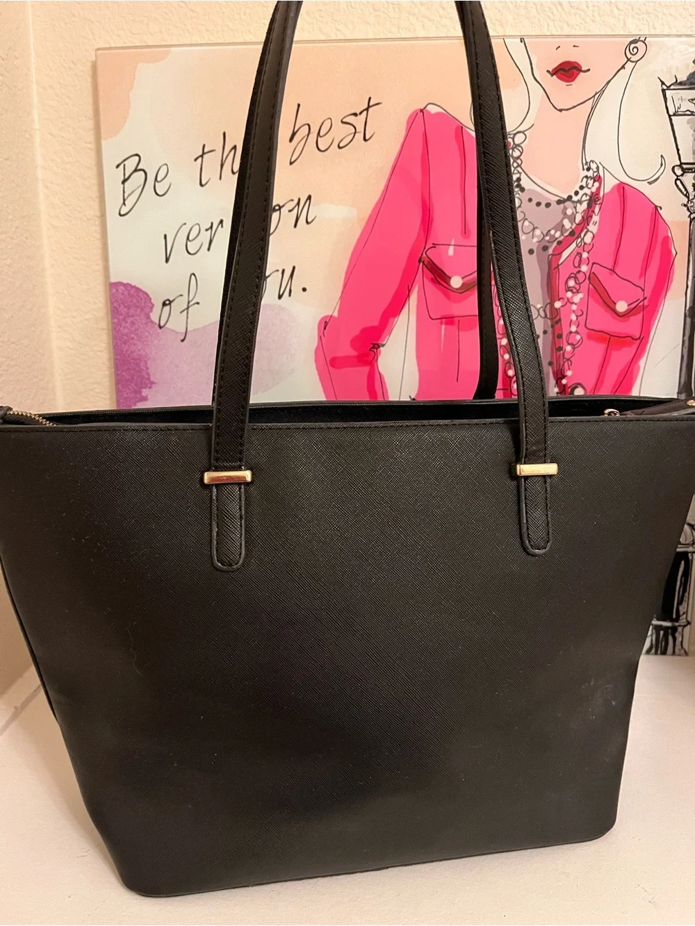 kate spade Black Saffiano Tote with Gold Logo Accents
